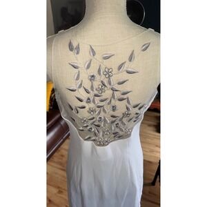Fiesta White Beaded Floral Gown Sheer Mesh Back Asymmetrical Hem M/L Y2K  FLAW